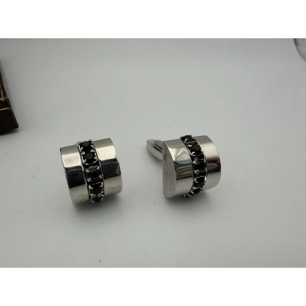 Unique Vintage Black Stone Silver Tone Cufflinks With Tie Chain/Pin/Clasp & Box